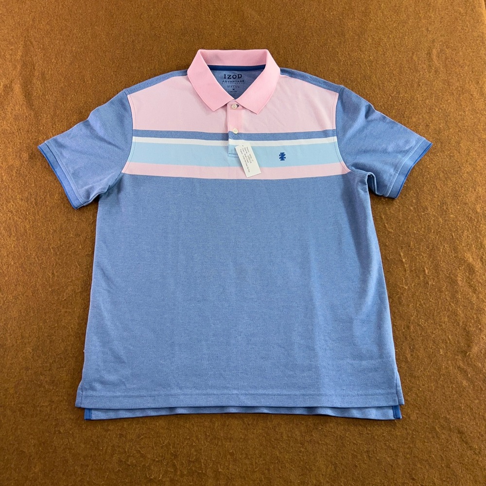 IZOD Mens M Blue Pink Striped Advantage Performance Short Sleeve Polo Shirt New